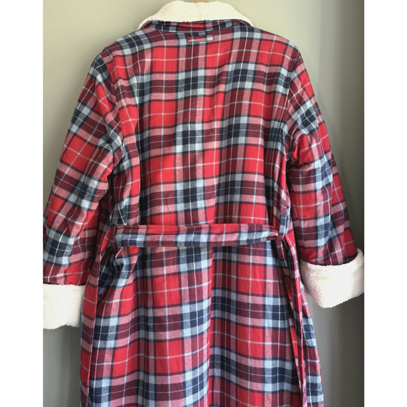LANDS END Size Large 14-16 Red Plaid Cotton Flannel Sherpa Lined Bath Robe Cozy - Picture 9 of 15